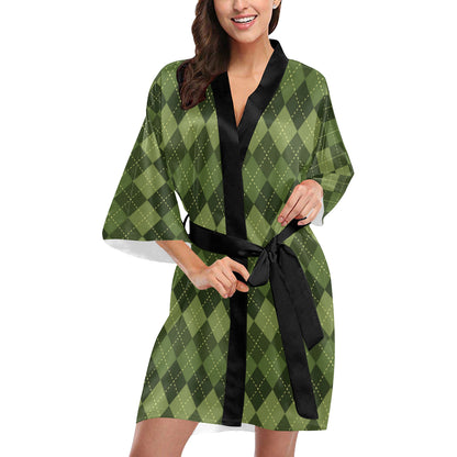 Argyle Green Pattern Print Design 01 Women's Short Kimono