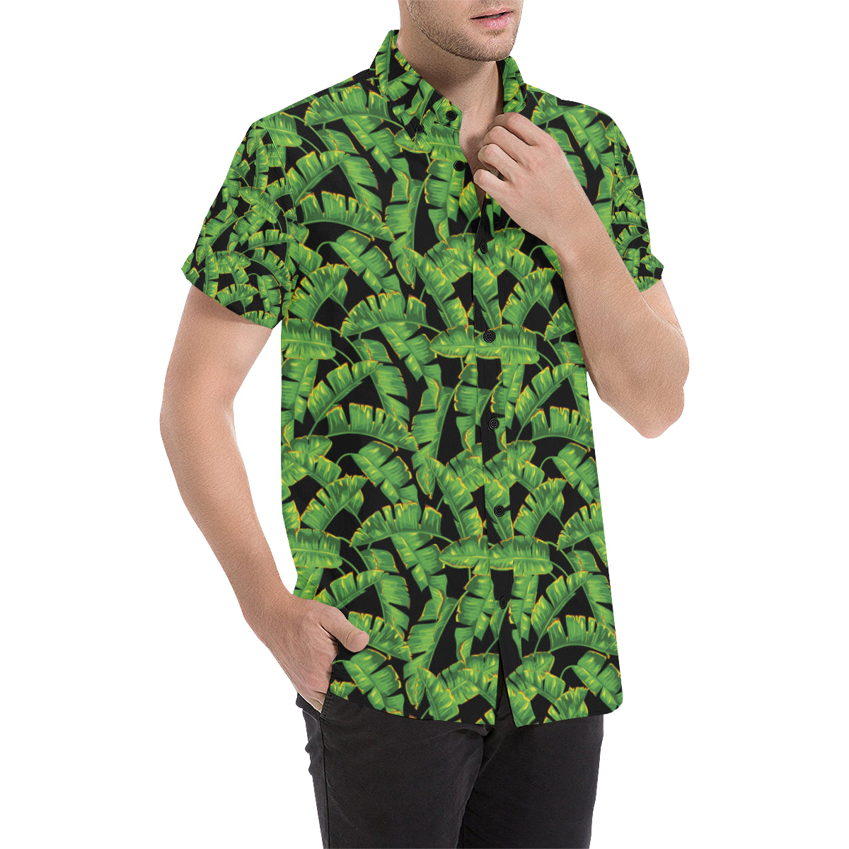 Banana Leaf Pattern Print Design 03 Men's Short Sleeve Button Up Shirt