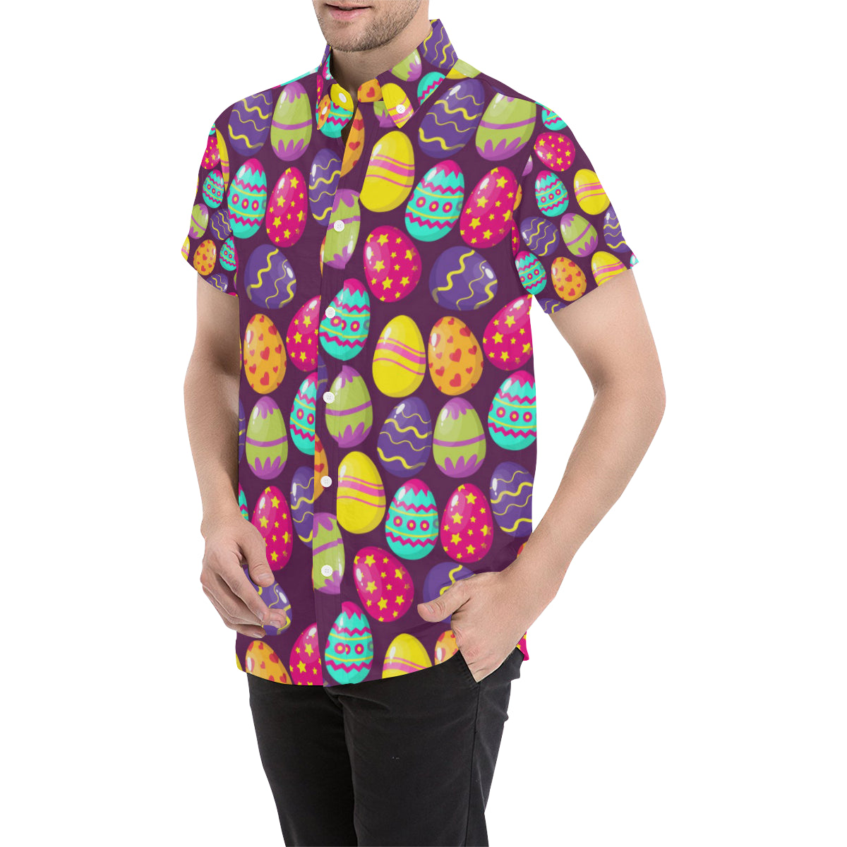 Easter Eggs Pattern Print Design RB04 Men's Short Sleeve Button Up Shirt