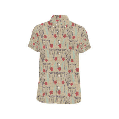 Native Buffalo Head Themed Design Print Men's Short Sleeve Button Up Shirt