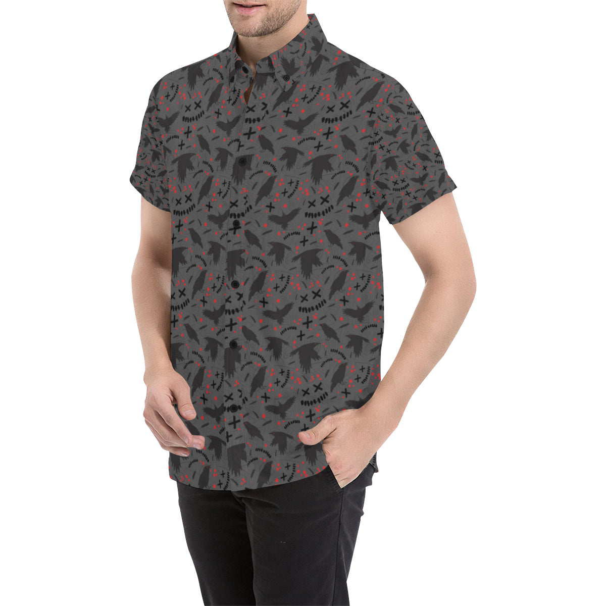 Crow Pattern Print Design 02 Men's Short Sleeve Button Up Shirt