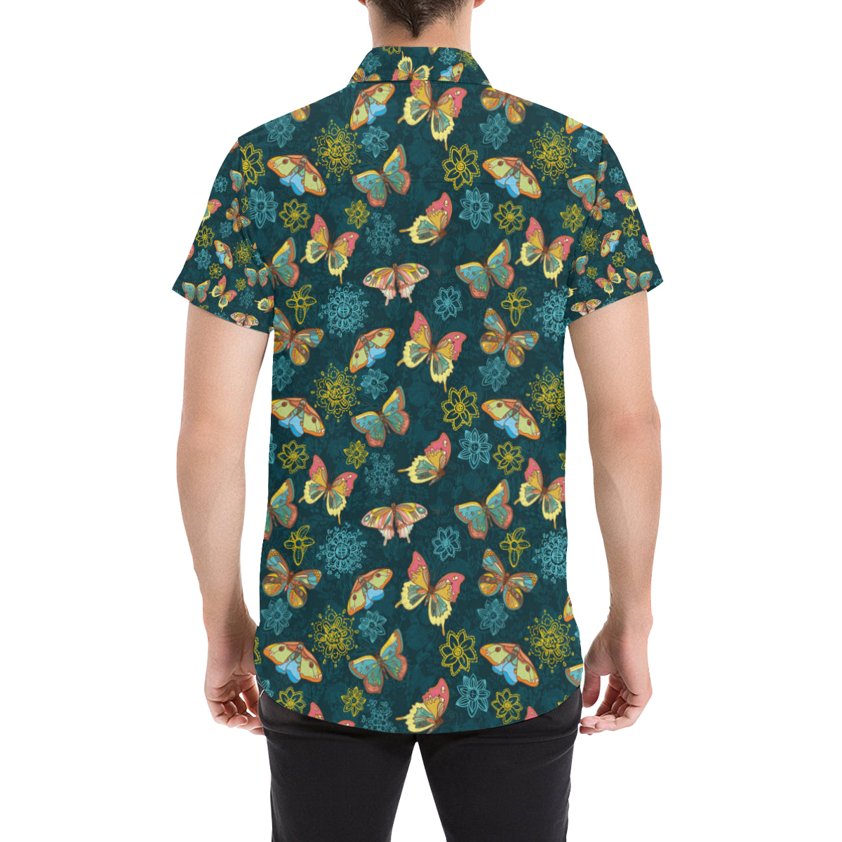 Butterfly Hand Draw Print Pattern Men's Short Sleeve Button Up Shirt