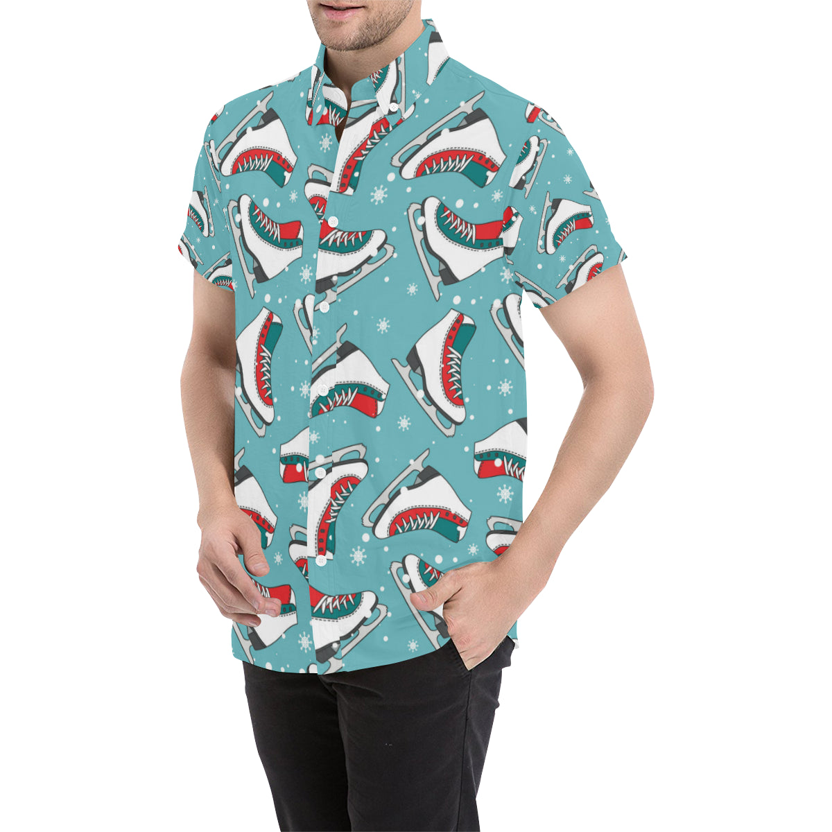 Ice Skate Pattern Print Design 03 Men's Short Sleeve Button Up Shirt