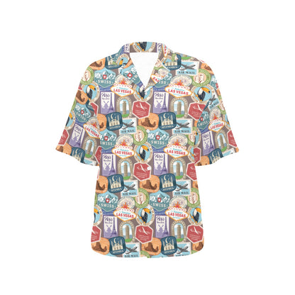 Travel Stamp Print Design LKS301 Women's Hawaiian Shirt