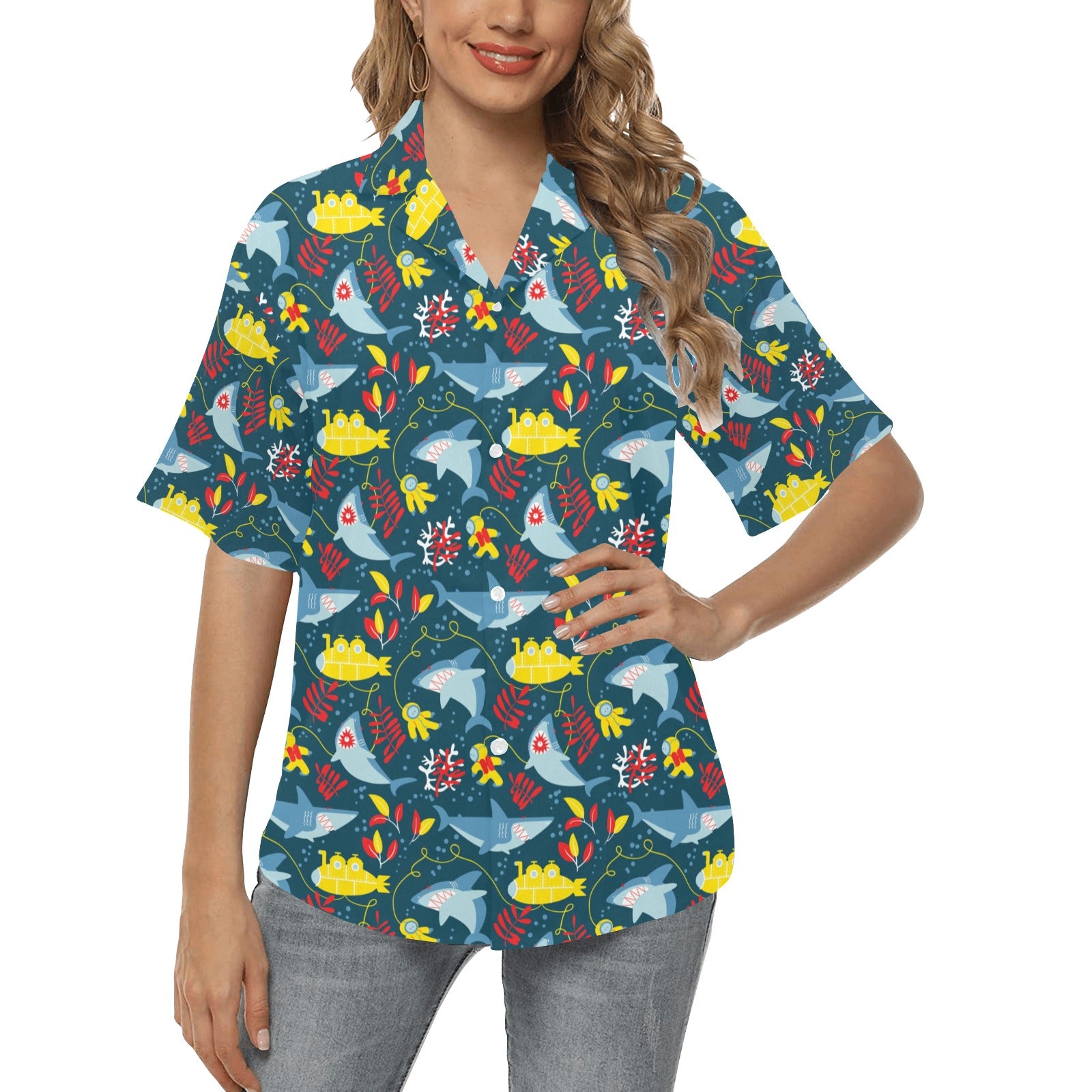 Scuba With Sharks Print Design LKS303 Women's Hawaiian Shirt