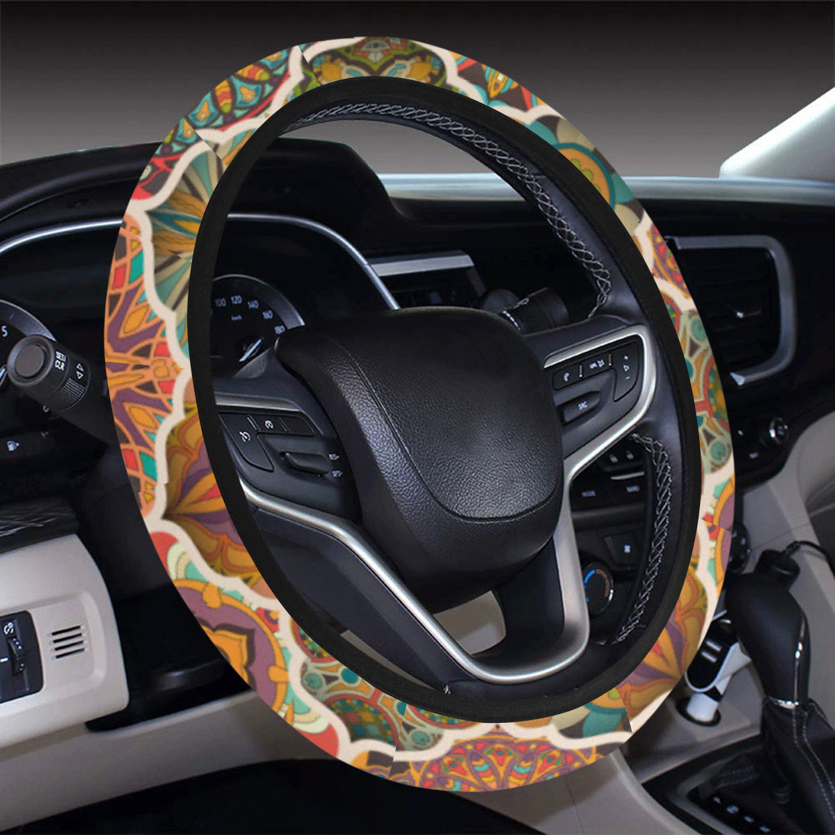 Mandala Mosaic Themed Design Print Steering Wheel Cover with Elastic Edge