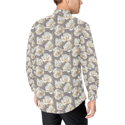 Elegant Grey Flower Print Men's Long Sleeve Shirt