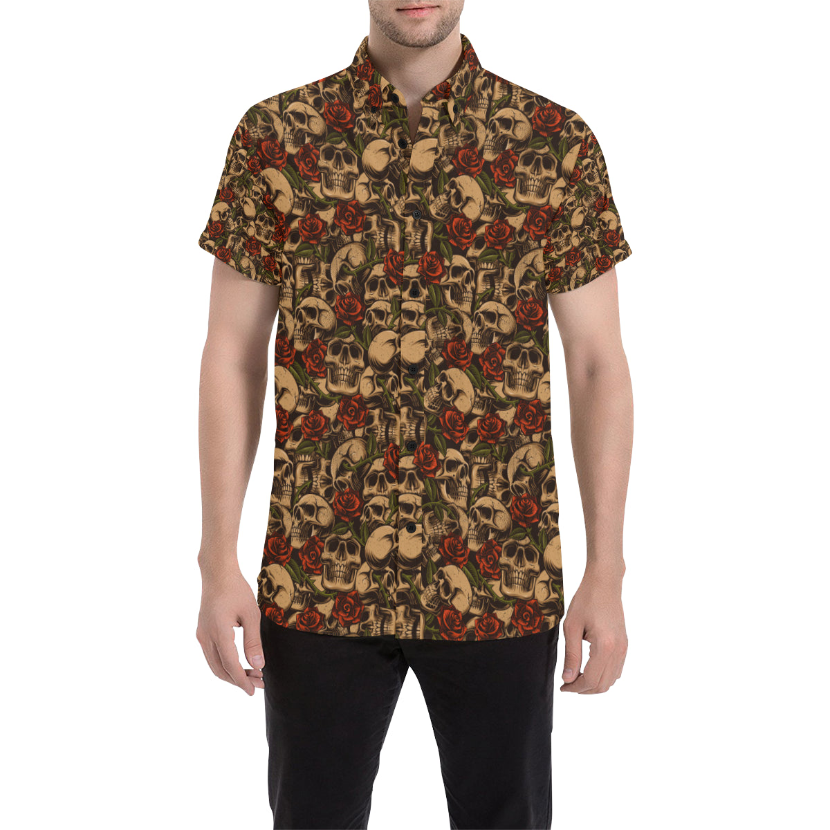 Skull Roses Vintage Design Themed Print Men's Short Sleeve Button Up Shirt