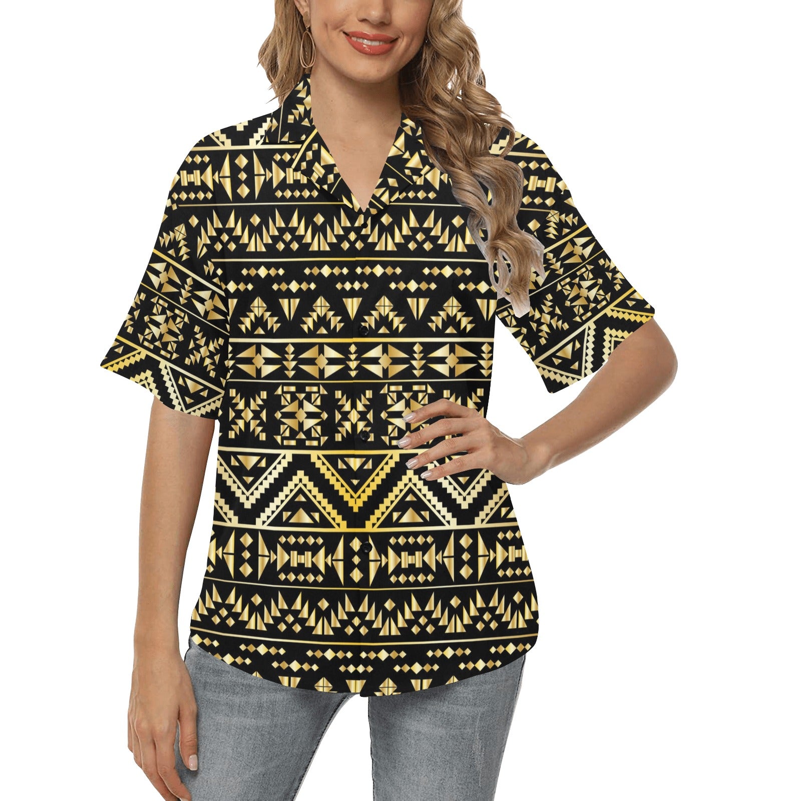 Gold Aztec Tribal Women's Hawaiian Shirt