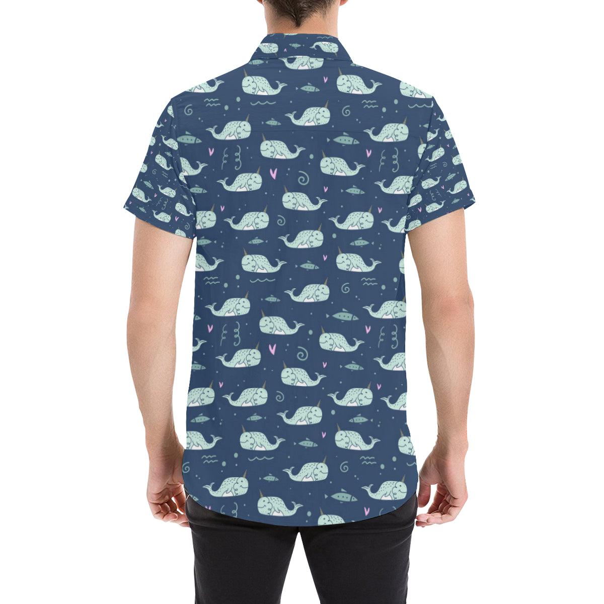 Narwhal Design Print Men's Short Sleeve Button Up Shirt