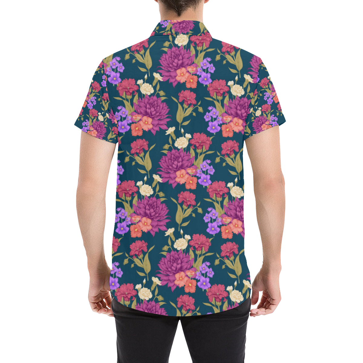 Dahlia Pattern Print Design DH01 Men's Short Sleeve Button Up Shirt