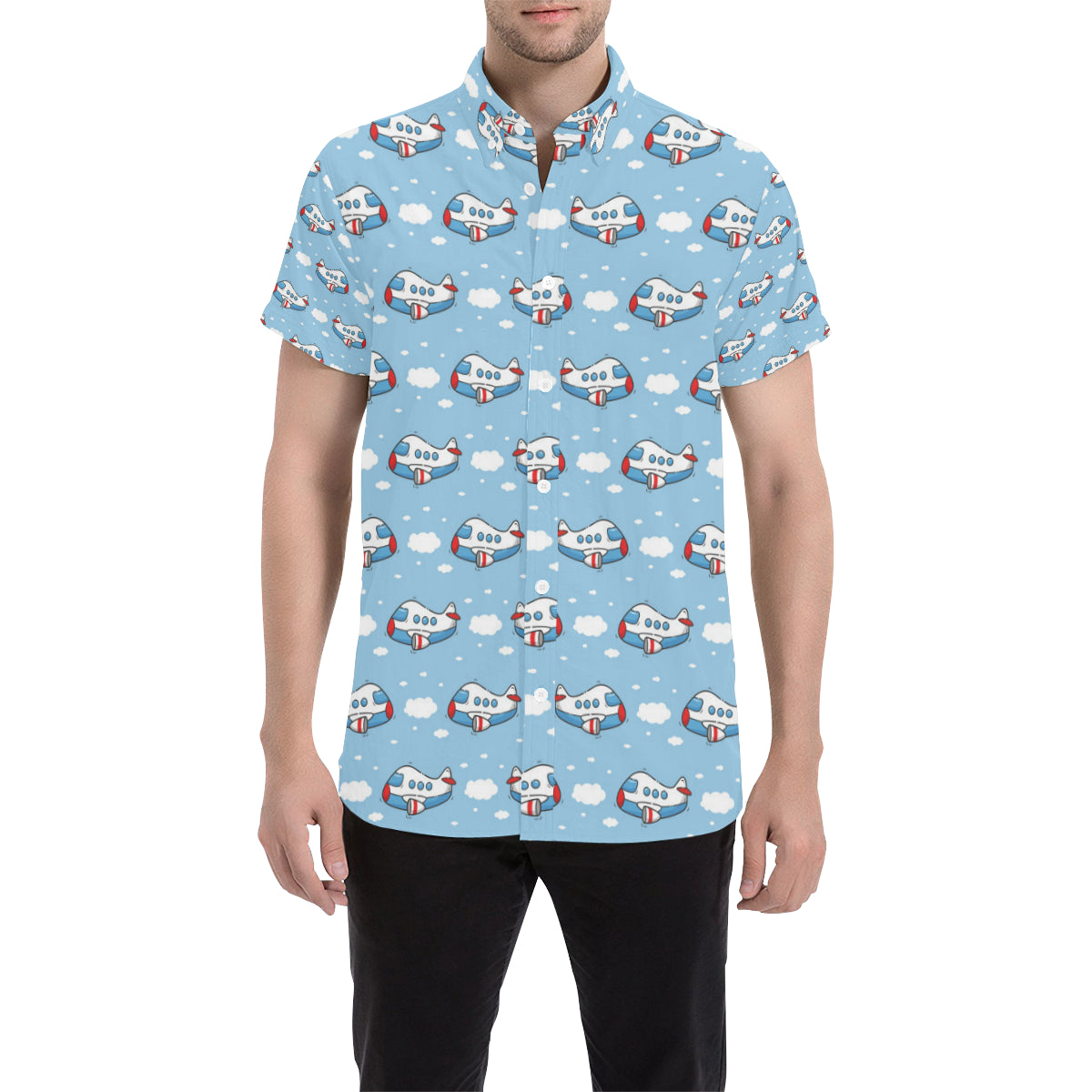 Airplane Cartoon Pattern Print Design 07 Men's Short Sleeve Button Up Shirt