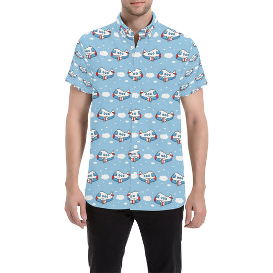 Airplane Cartoon Pattern Print Design 07 Men's Short Sleeve Button Up Shirt