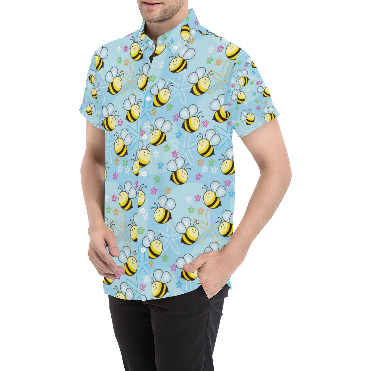 Bee Pattern Print Design BEE03 Men's Short Sleeve Button Up Shirt