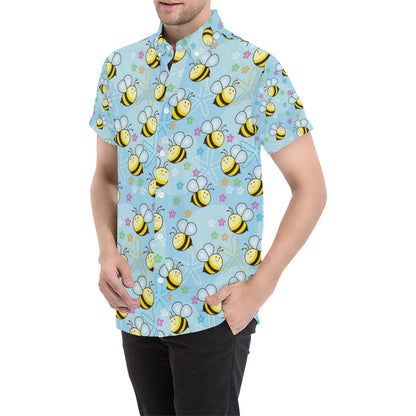Bee Pattern Print Design BEE03 Men's Short Sleeve Button Up Shirt
