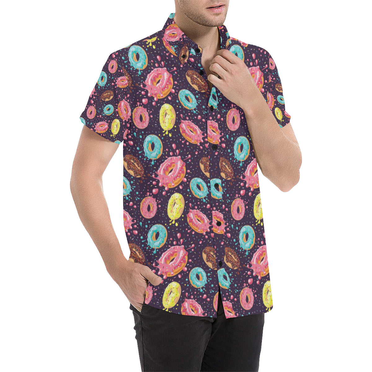 Donut Pattern Print Design DN03 Men's Short Sleeve Button Up Shirt