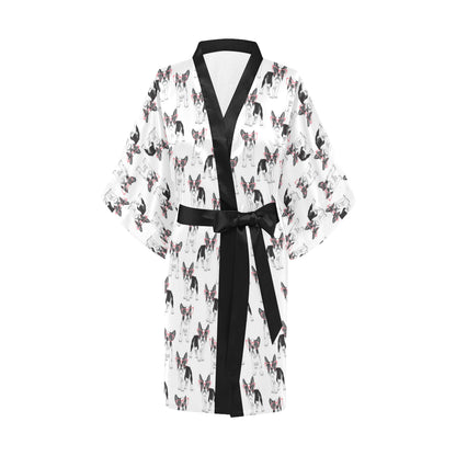 Boston Terrier Pattern Print Design 03 Women's Short Kimono