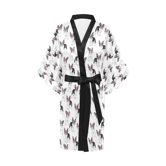 Boston Terrier Pattern Print Design 03 Women's Short Kimono