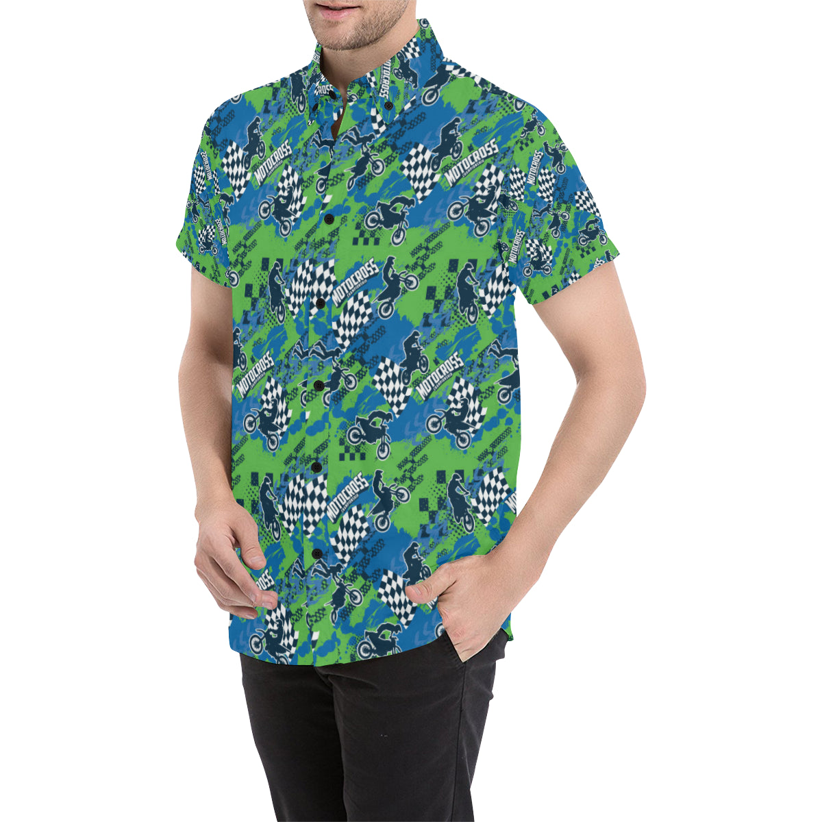 Motocross Pattern Print Design 04 Men's Short Sleeve Button Up Shirt