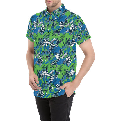 Motocross Pattern Print Design 04 Men's Short Sleeve Button Up Shirt