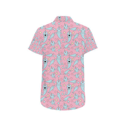 Narwhal Cartoon Cute Print Men's Short Sleeve Button Up Shirt