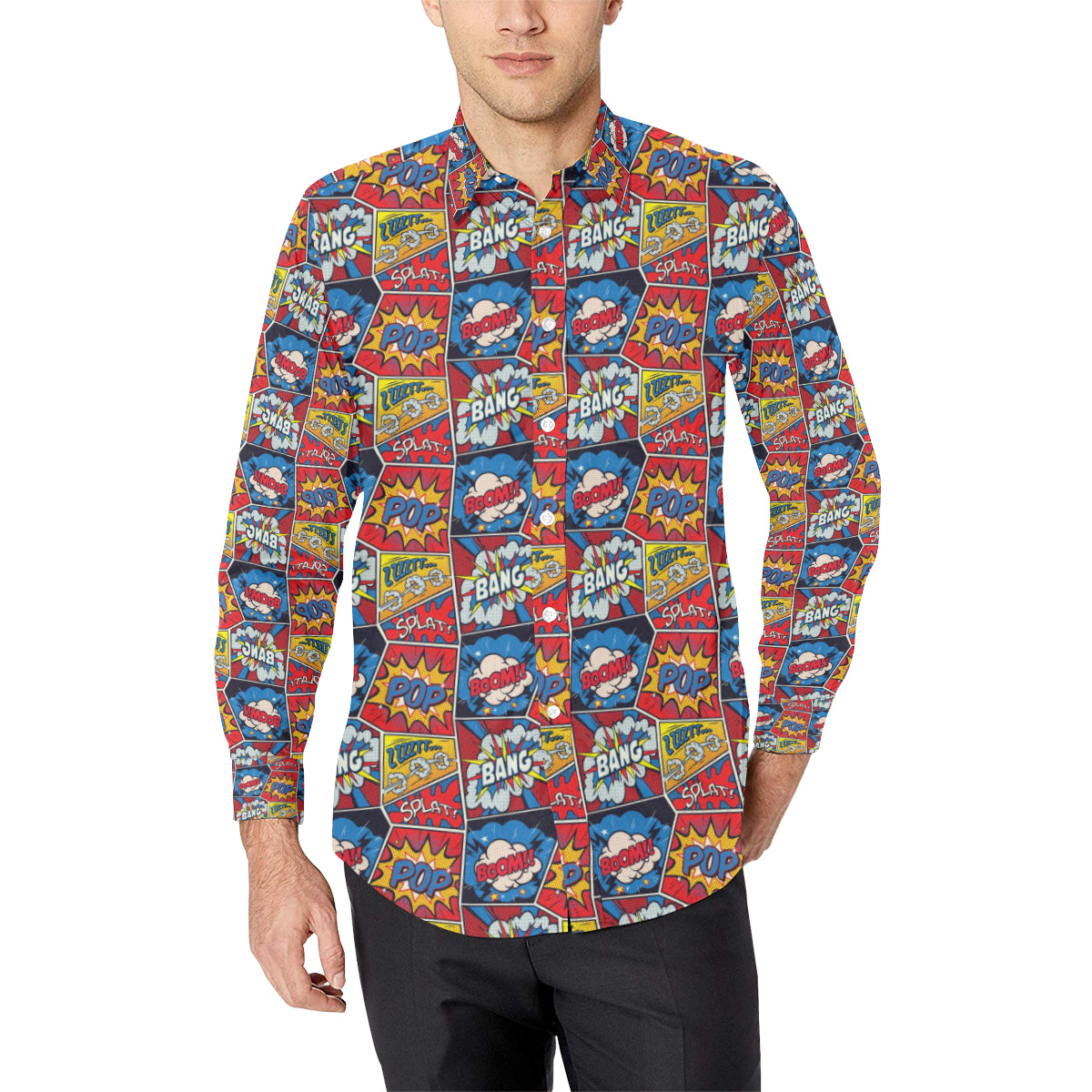 Comic Book Pattern Print Design 03 Men's Long Sleeve Shirt