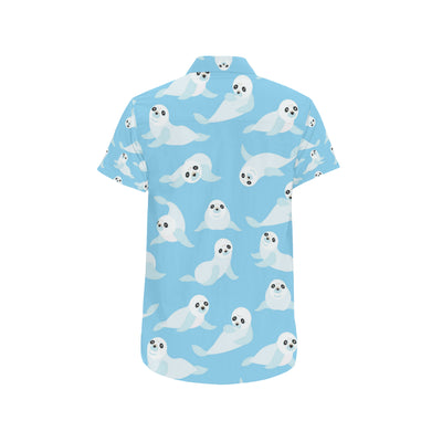 Sea Lion Cute Pattern Print Design 03 Men's Short Sleeve Button Up Shirt