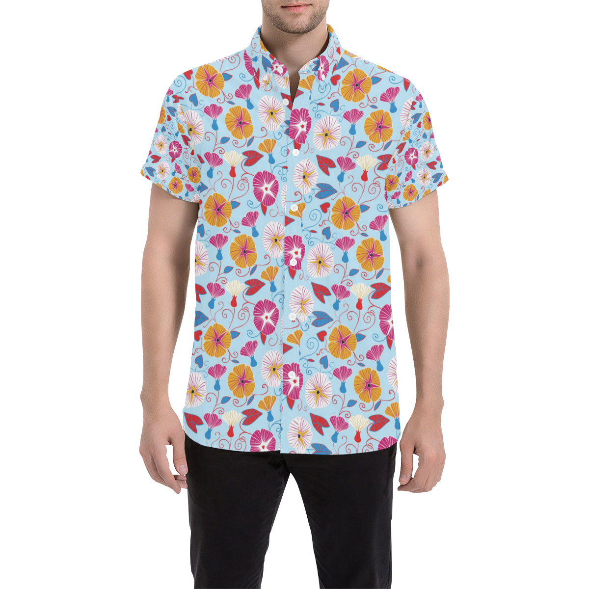 Morning Glory Pattern Print Design MG06 Men's Short Sleeve Button Up Shirt