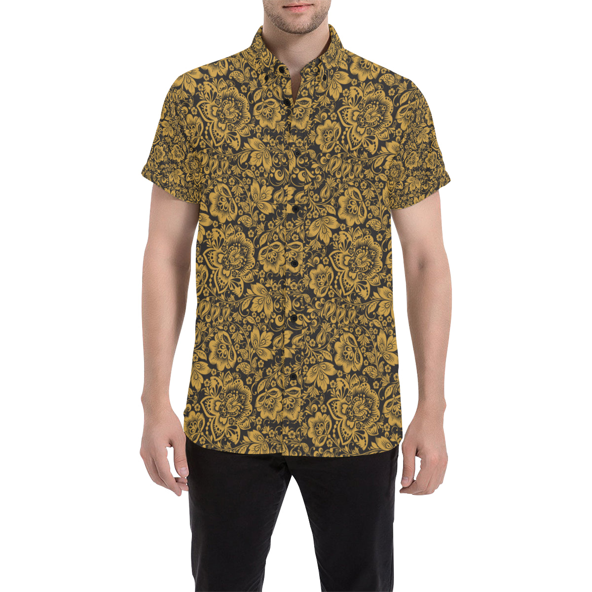 Brocade Gold Pattern Print Design 01 Men's Short Sleeve Button Up Shirt
