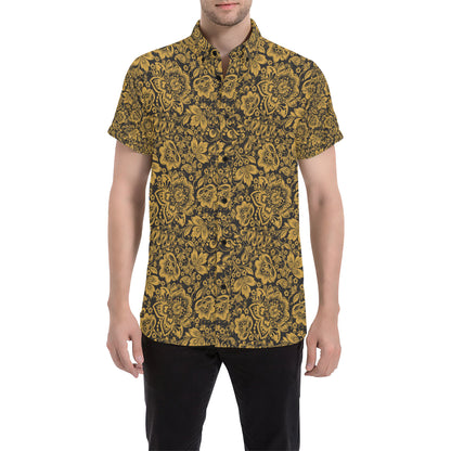 Brocade Gold Pattern Print Design 01 Men's Short Sleeve Button Up Shirt