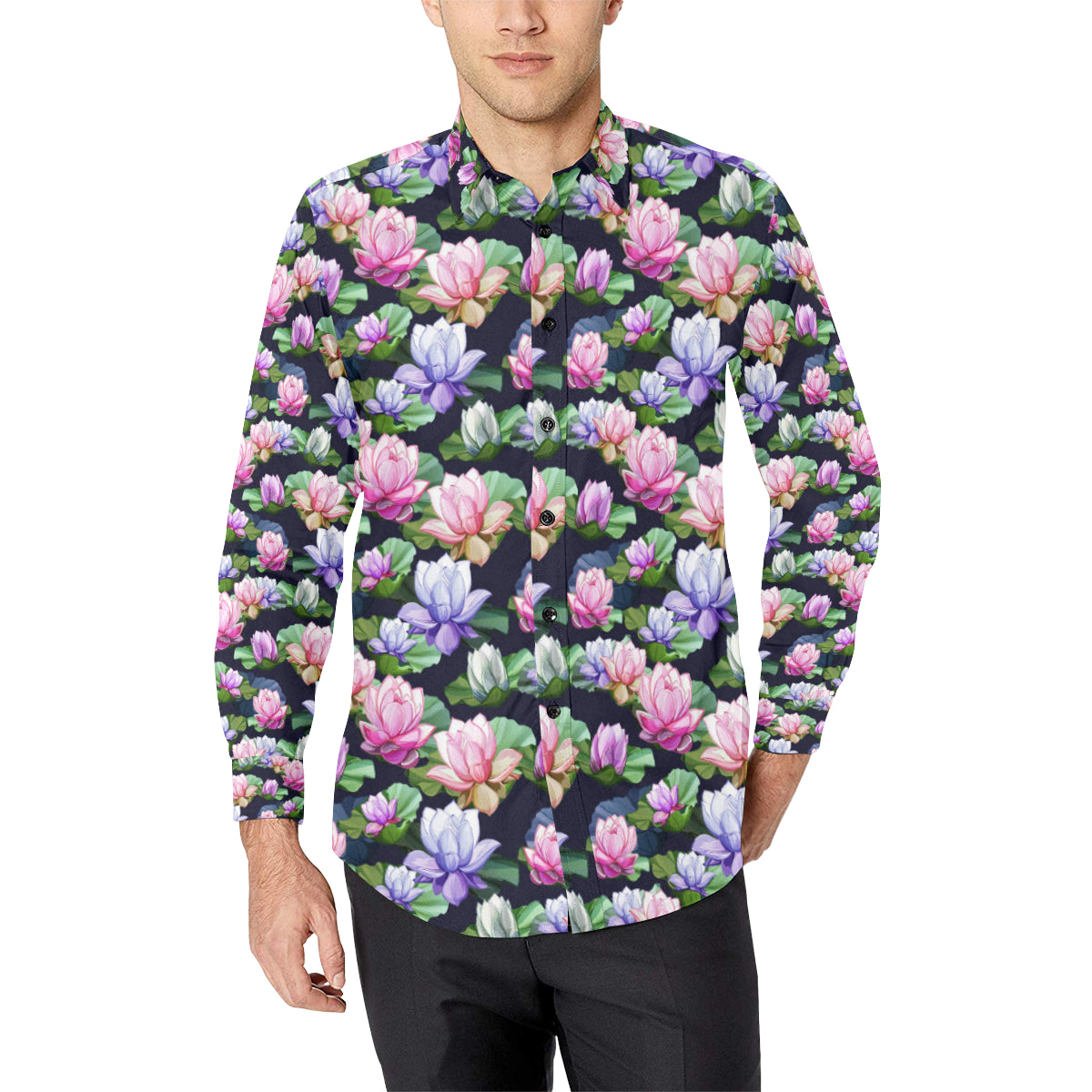 Lotus Flower Print Design Men's Long Sleeve Shirt