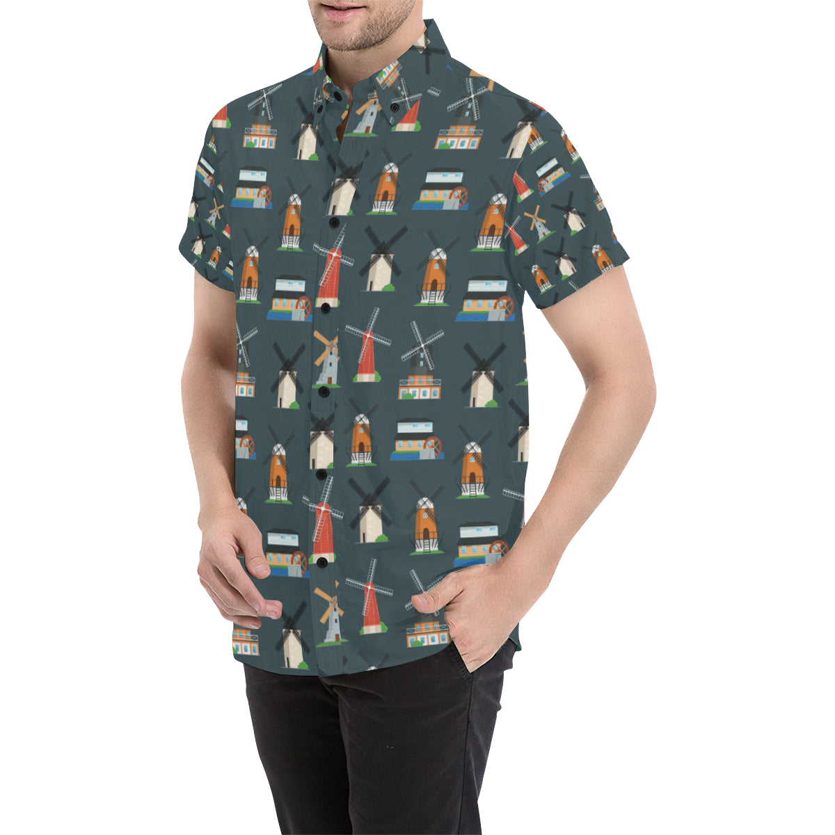 Windmill Pattern Print Design 04 Men's Short Sleeve Button Up Shirt