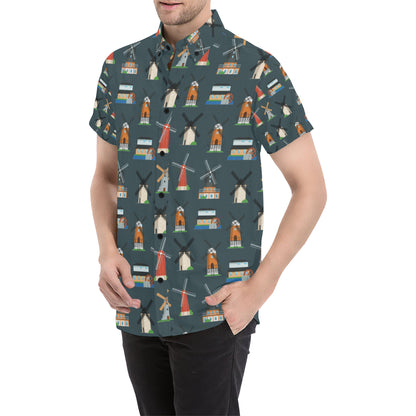 Windmill Pattern Print Design 04 Men's Short Sleeve Button Up Shirt