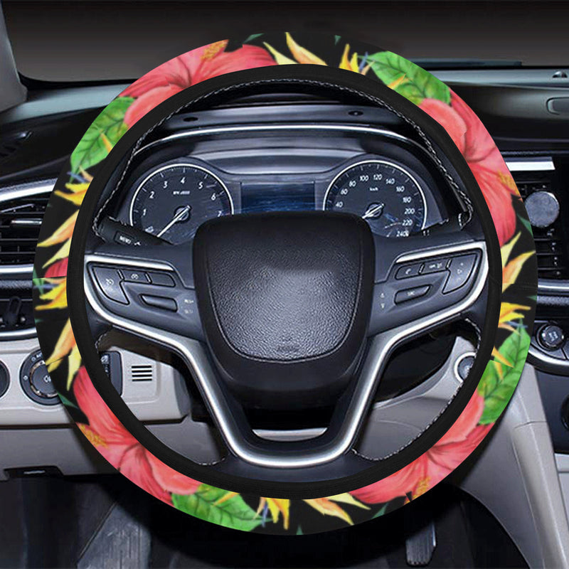 Red Hibiscus Pattern Print Design HB07 Steering Wheel Cover with Elastic Edge