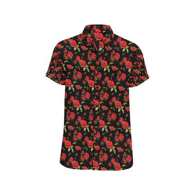 Red Rose Themed Print Men's Short Sleeve Button Up Shirt