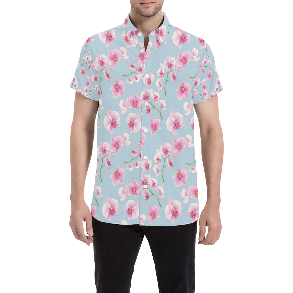 Orchid Pattern Print Design A01 Men's Short Sleeve Button Up Shirt