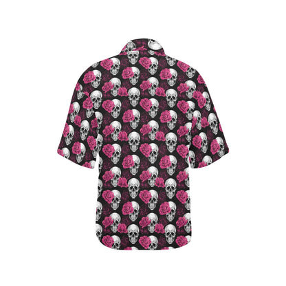 Pink Rose Skull Themed Print Women's Hawaiian Shirt