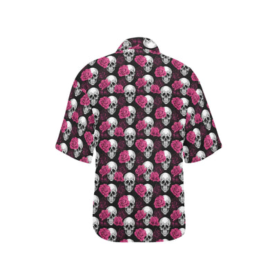 Pink Rose Skull Themed Print Women's Hawaiian Shirt