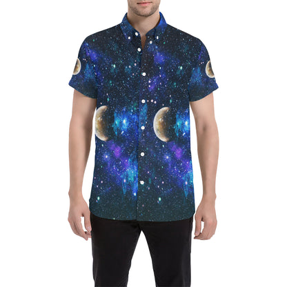 Galaxy Stardust Planet Space Print Men's Short Sleeve Button Up Shirt