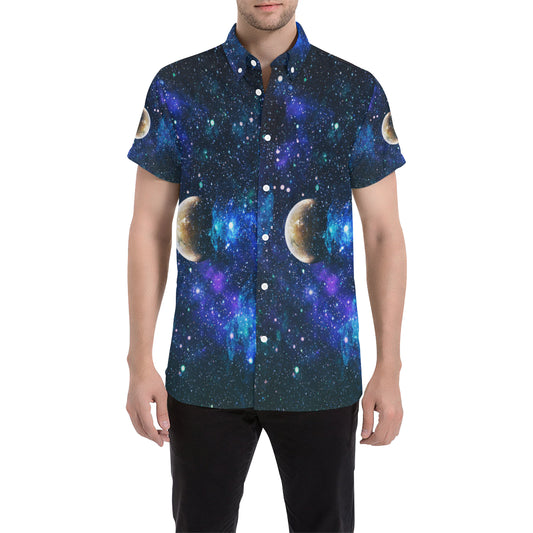 Galaxy Stardust Planet Space Print Men's Short Sleeve Button Up Shirt
