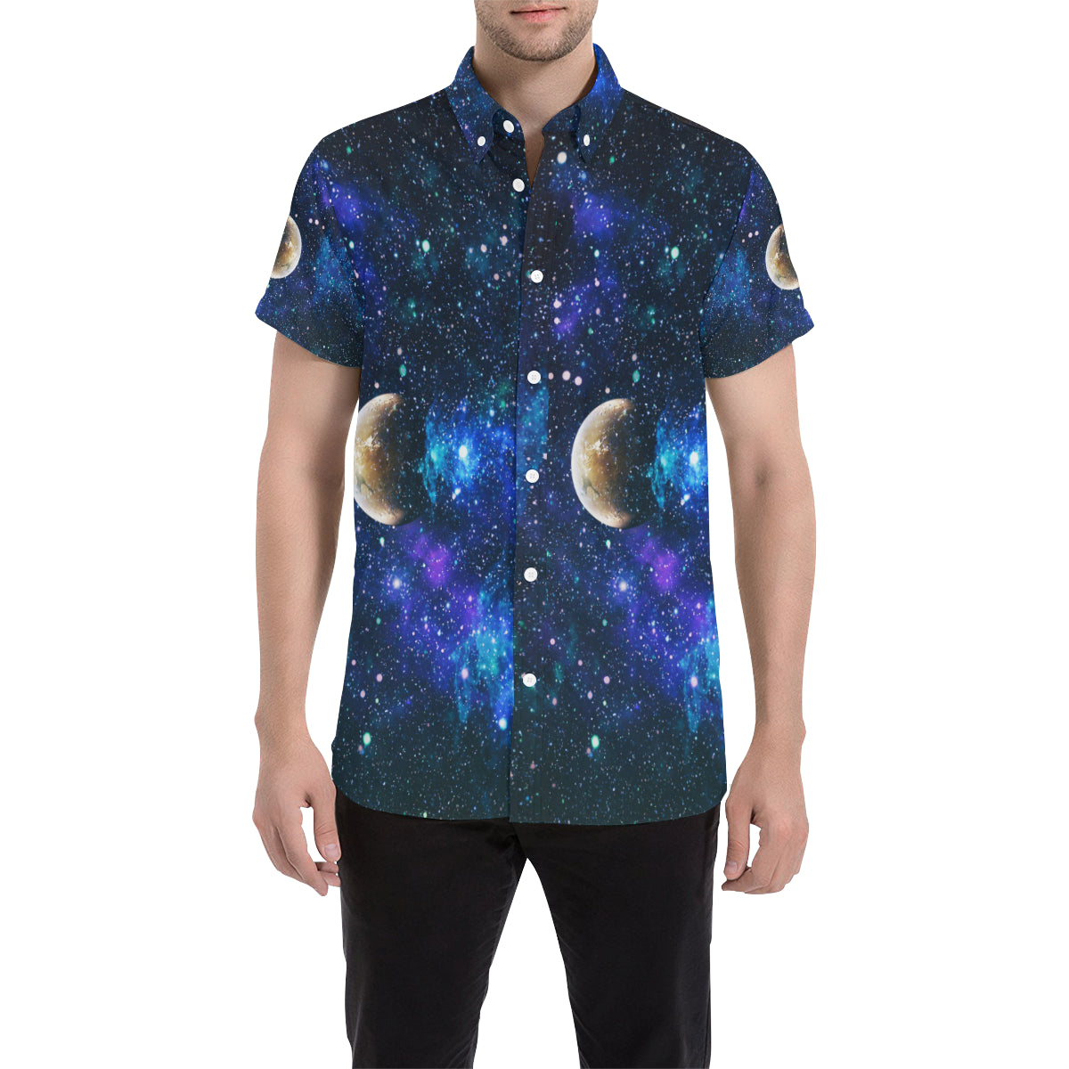 Galaxy Stardust Planet Space Print Men's Short Sleeve Button Up Shirt