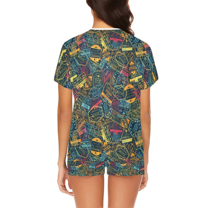 Travel Stamp Colorful Print Design LKS304 Women's Short Pajama Set