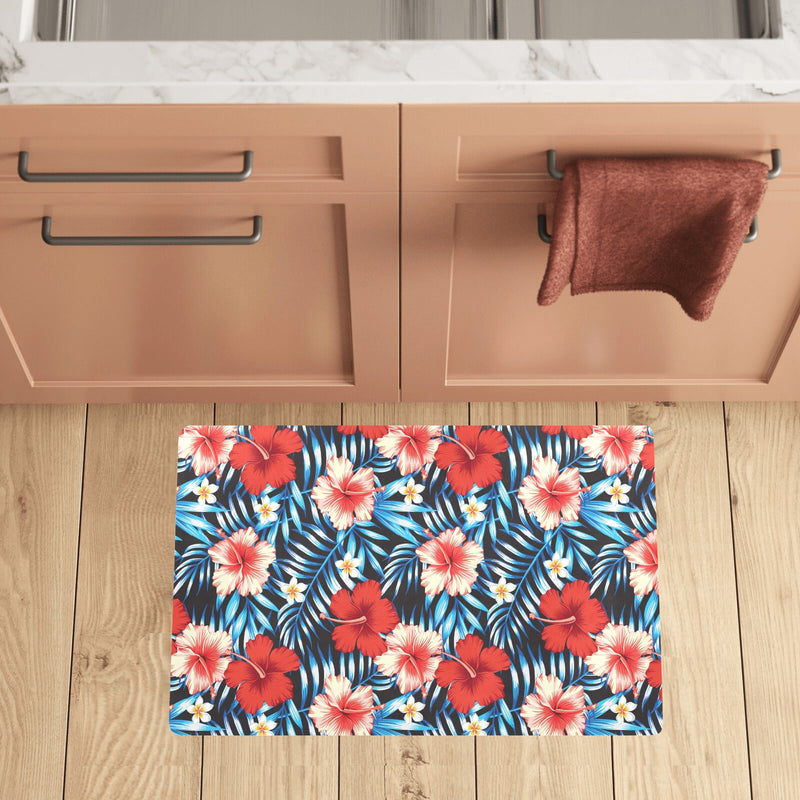 Red Hibiscus Blue Scene Kitchen Mat