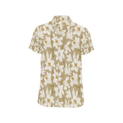 Lily Pattern Print Design LY07 Men's Short Sleeve Button Up Shirt