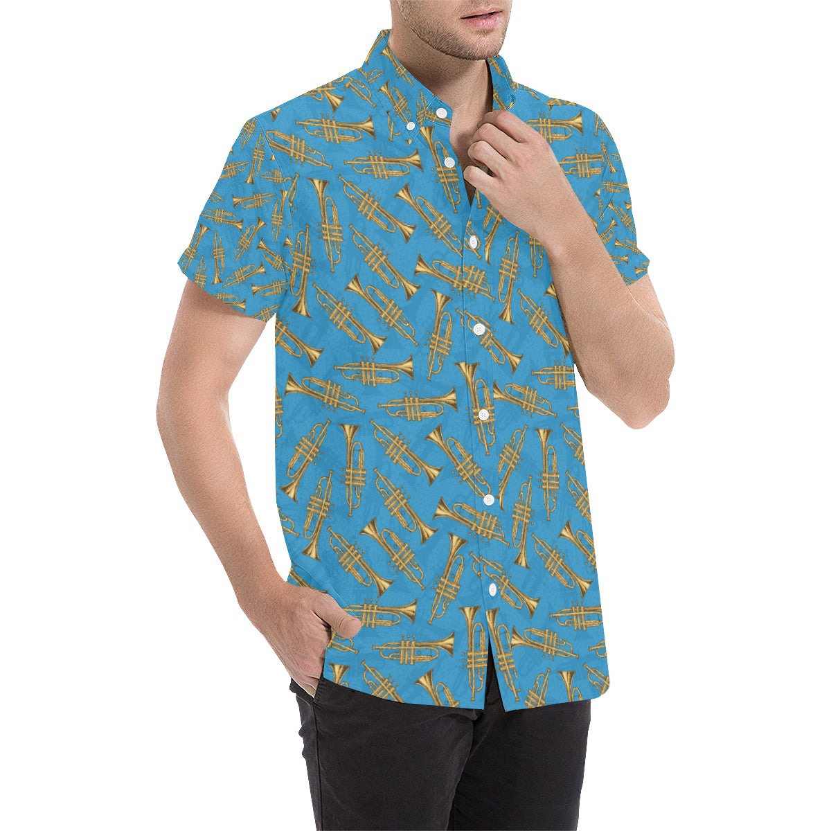 Trumpet Golden Pattern Themed Print Men's Short Sleeve Button Up Shirt