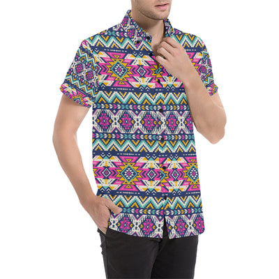 Aztec Pink Geometric Print Pattern Men's Short Sleeve Button Up Shirt