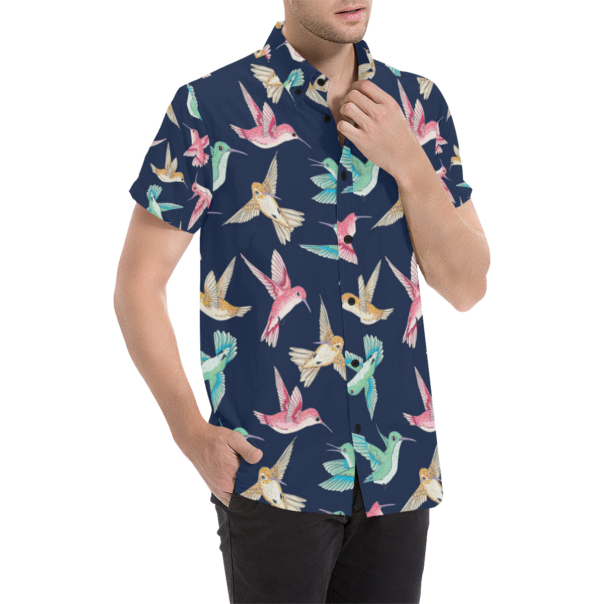 Hummingbird Cute Pattern Print Design 01 Men's Short Sleeve Button Up Shirt