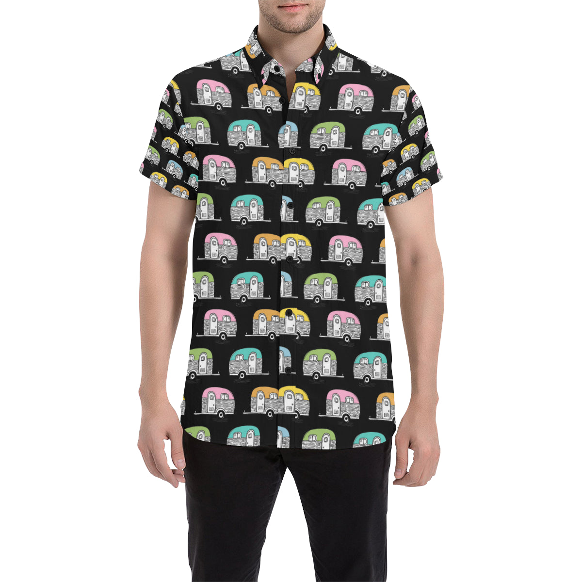 Camper Pattern Camping Themed No 2 Print Men's Short Sleeve Button Up Shirt