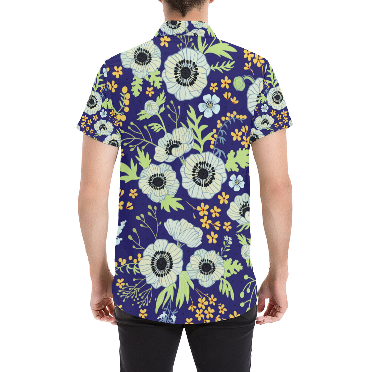 Anemone Pattern Print Design AM06 Men's Short Sleeve Button Up Shirt