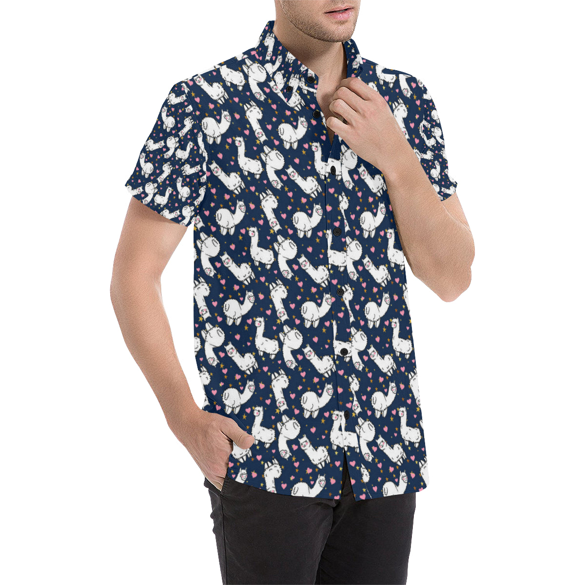 Alpaca Heart Star Design Themed Print Men's Short Sleeve Button Up Shirt